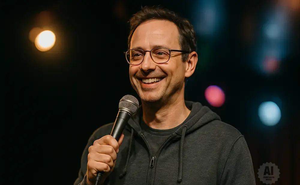 A man wearing glasses and a grey hoodie smiles as he holds a microphone.