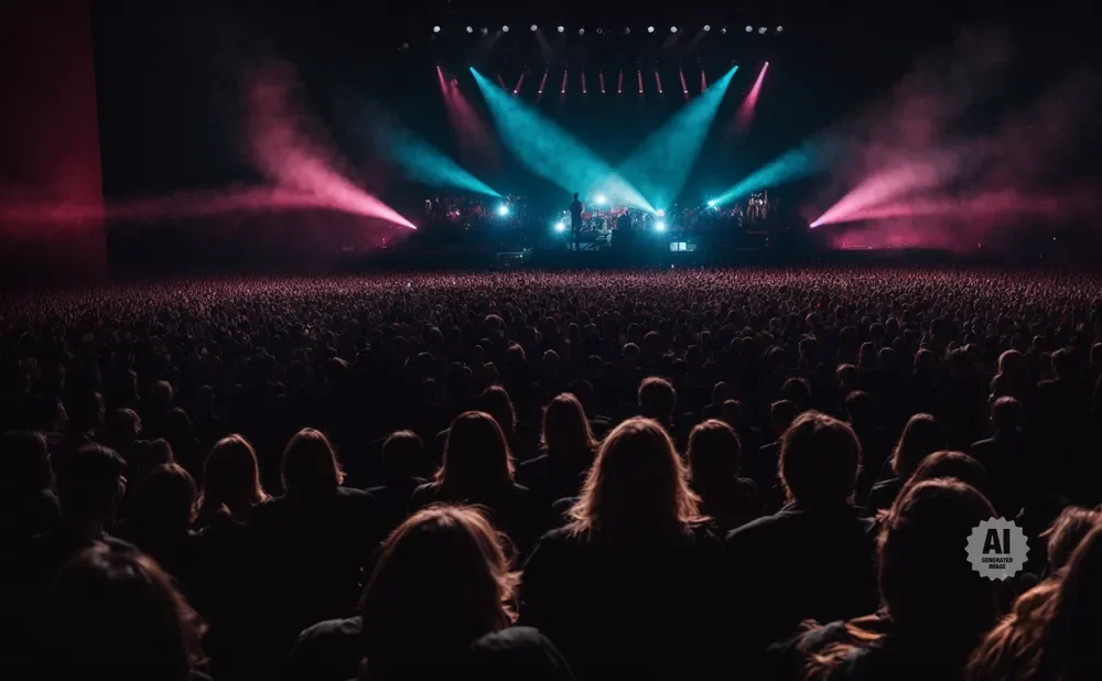 A large crowd watches a concert with blue and pink stage lights.