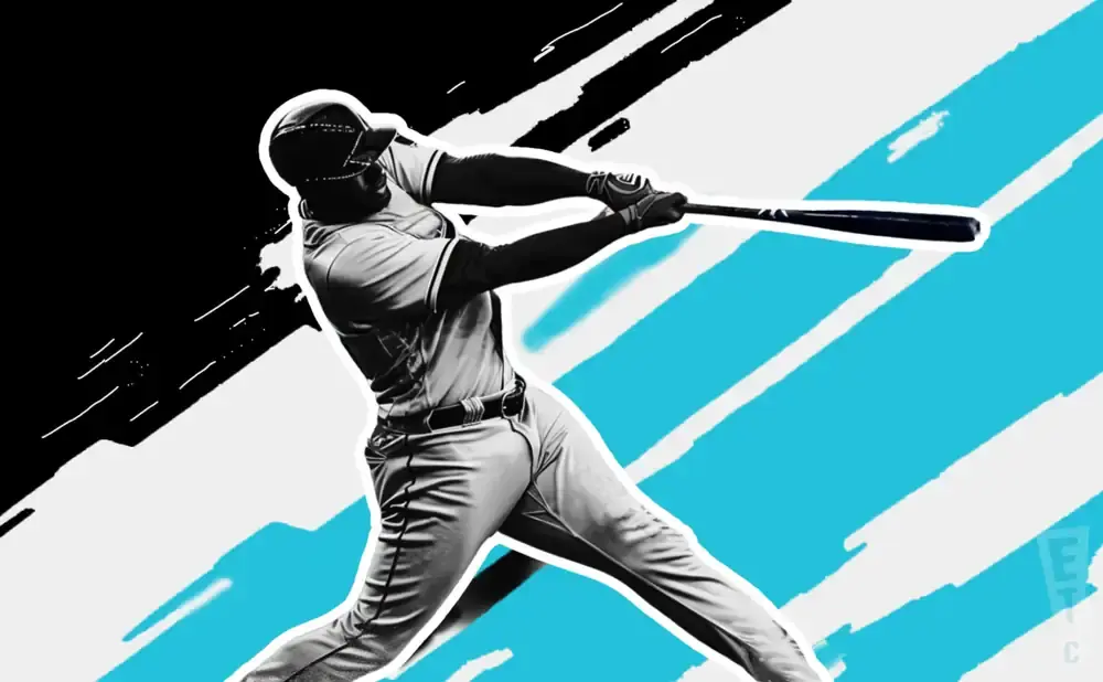 A baseball player in mid-swing against a stylized black, white, and blue background.