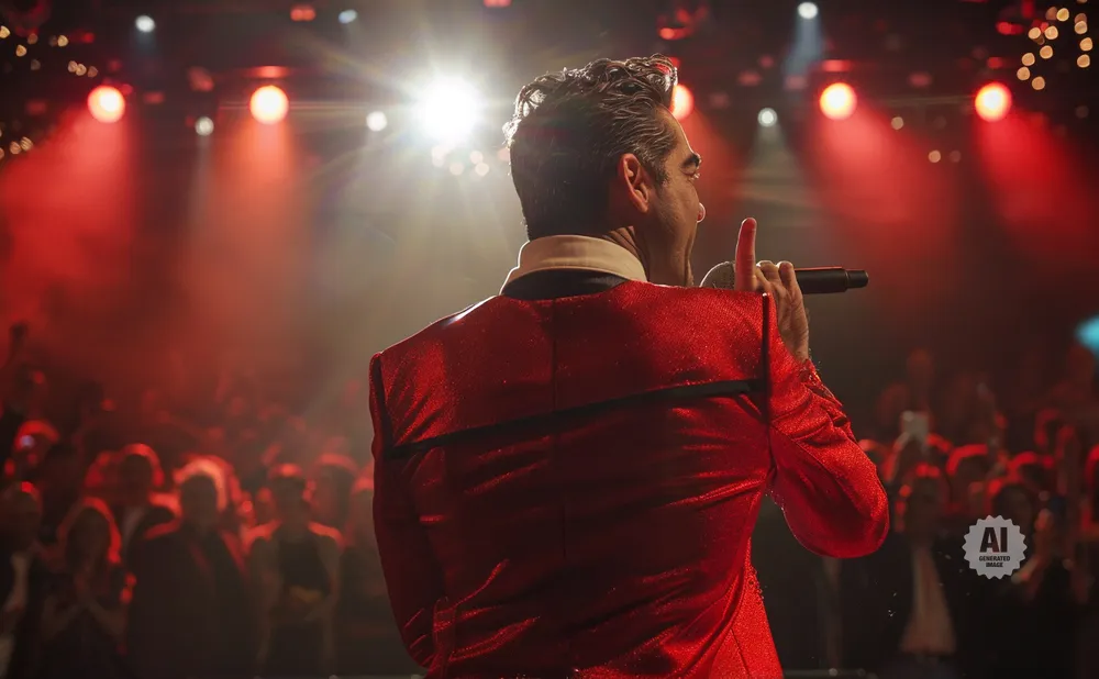 Singer in a sparkling red jacket performs on stage with bright red lights and a cheering audience.
