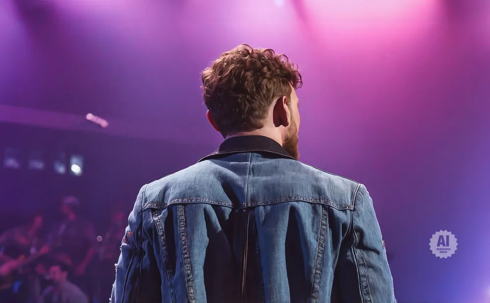Back view of a man with curly brown hair wearing a denim jacket on stage with purple lighting.