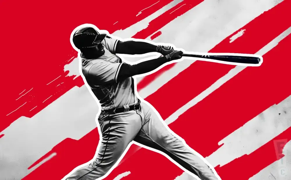 A baseball player swings a bat against a red and white abstract background.