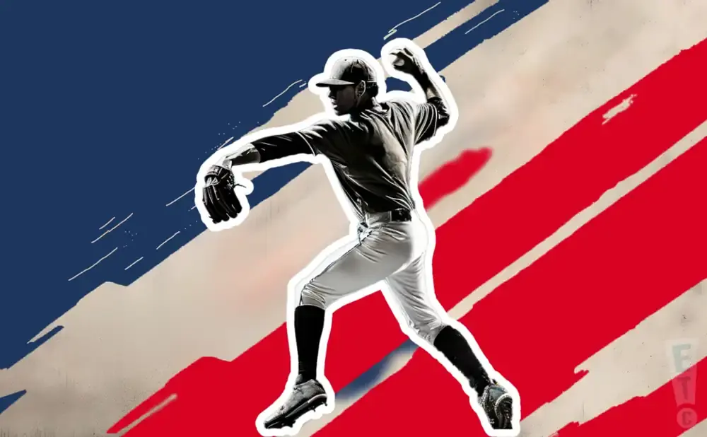 A baseball pitcher in mid-throw, silhouetted against a red, white, and blue background with abstract brushstrokes.