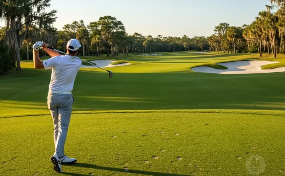 Golfer swinging on a sunny golf course with sand traps and palm trees.