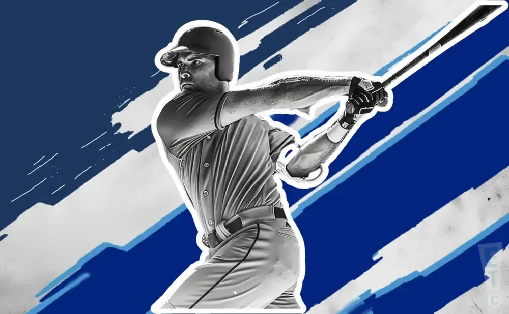 Black and white image of a baseball player swinging a bat against a blue and white background.