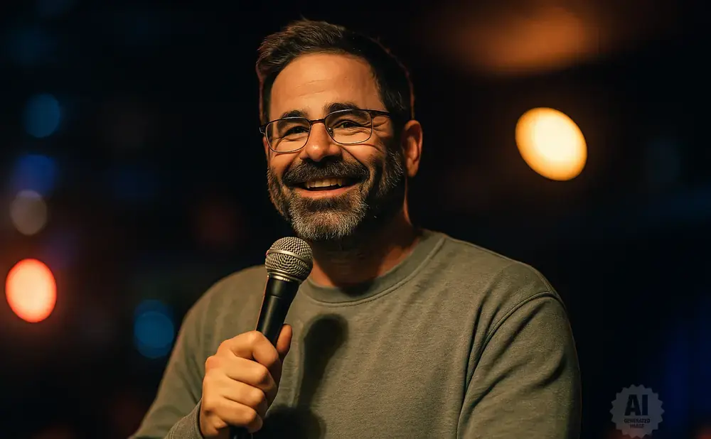 A smiling man with glasses and a beard holds a microphone.