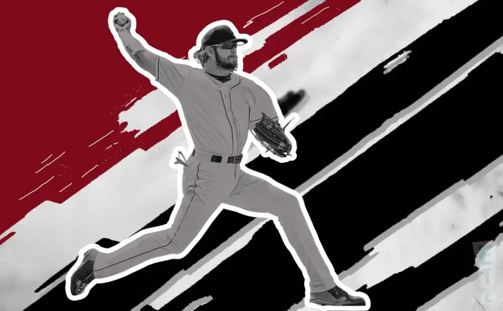 Black and white photo of a baseball pitcher in mid-throw, with red and black diagonal lines in the background.