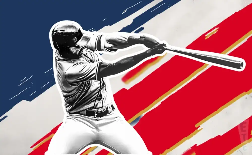 A baseball player swings a bat against a background of red, white, and blue stripes.