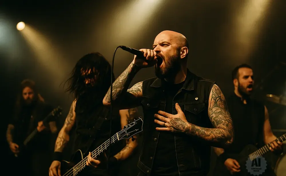 A bald male singer with tattoos sings into a microphone, with band members playing guitars behind him.