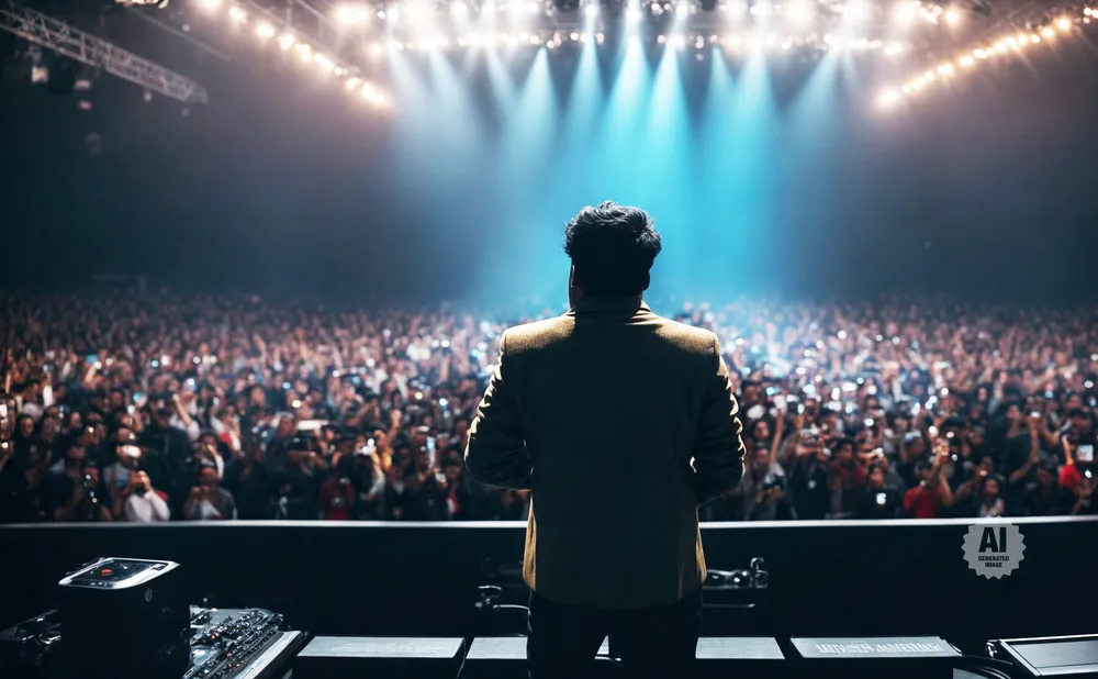 A performer stands on stage facing a large, cheering audience under bright spotlights.