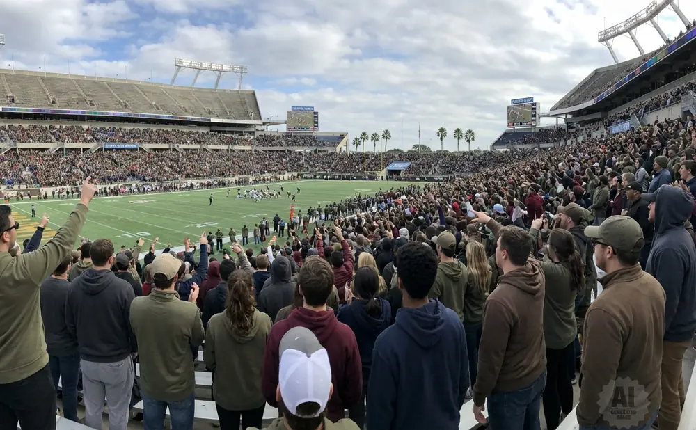 A panoramic view of a football stadium crowd with people raising their hands.