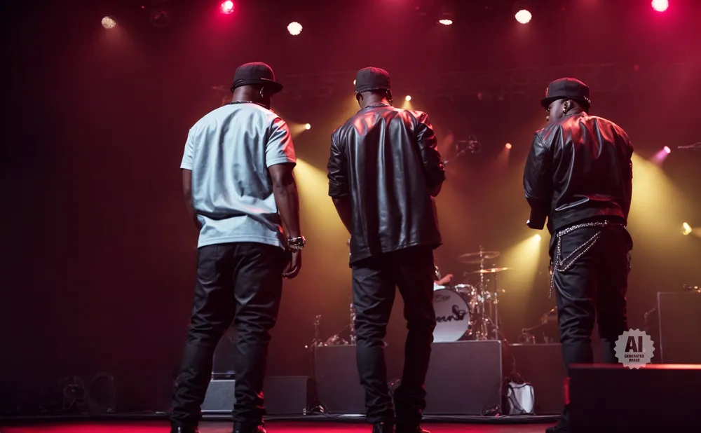 Three men on stage with red and yellow lights, facing away from the camera.