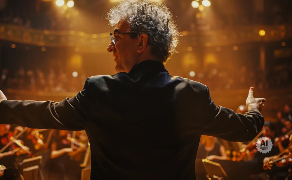 A conductor with curly gray hair leads an orchestra, his back to the viewer, bathed in warm stage light.