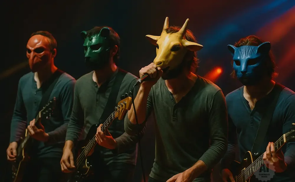 Band members in animal masks perform with guitars on a dimly lit stage.