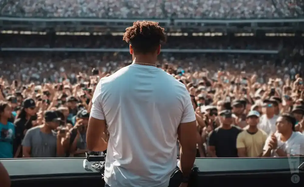 A person in a white t-shirt stands facing a large, cheering crowd in a stadium.