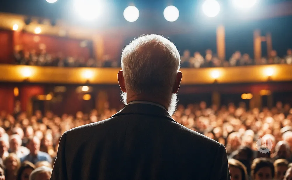 Man in suit facing a large, dimly lit audience in a theater.