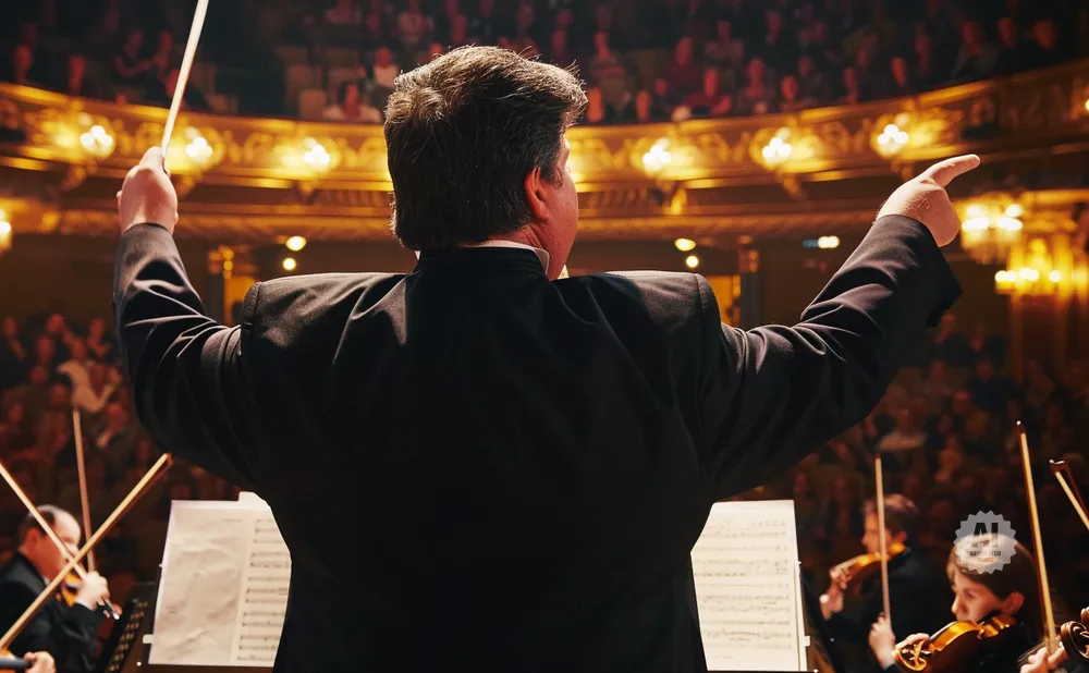 Conductor leads orchestra with baton raised, facing a seated audience in a grand hall.