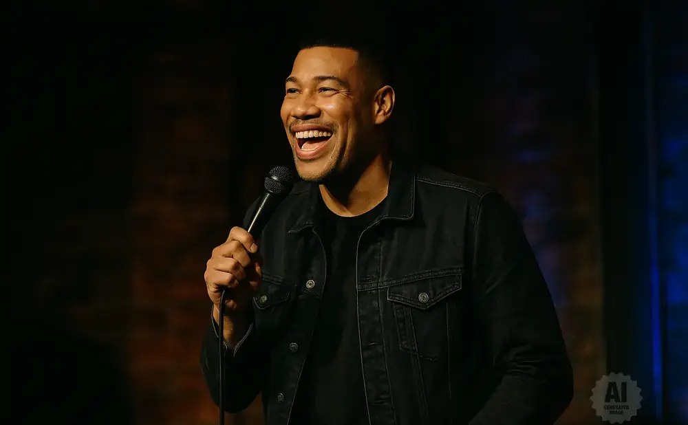 A Black man in a denim jacket laughs into a microphone on a dark stage.