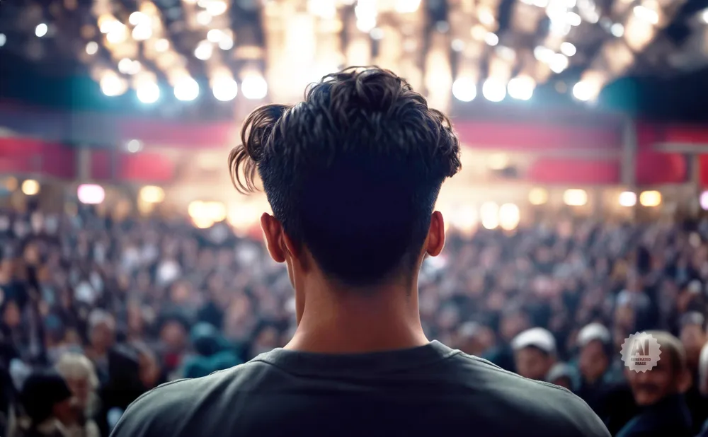 Back of a man's head with styled hair facing a large, blurry crowd under bright lights.
