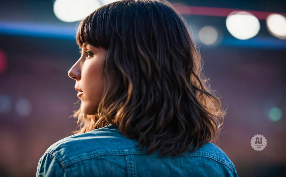 Woman in denim jacket, profile view, with blurred lights in background.