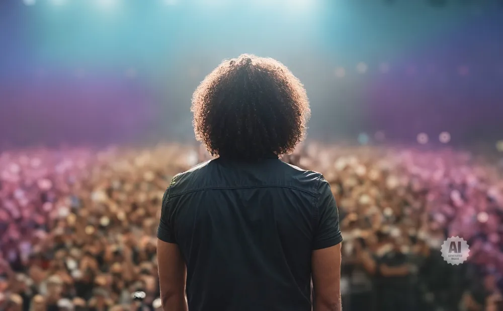 A person with curly hair faces a large, blurred crowd at a concert with purple and blue stage lights.