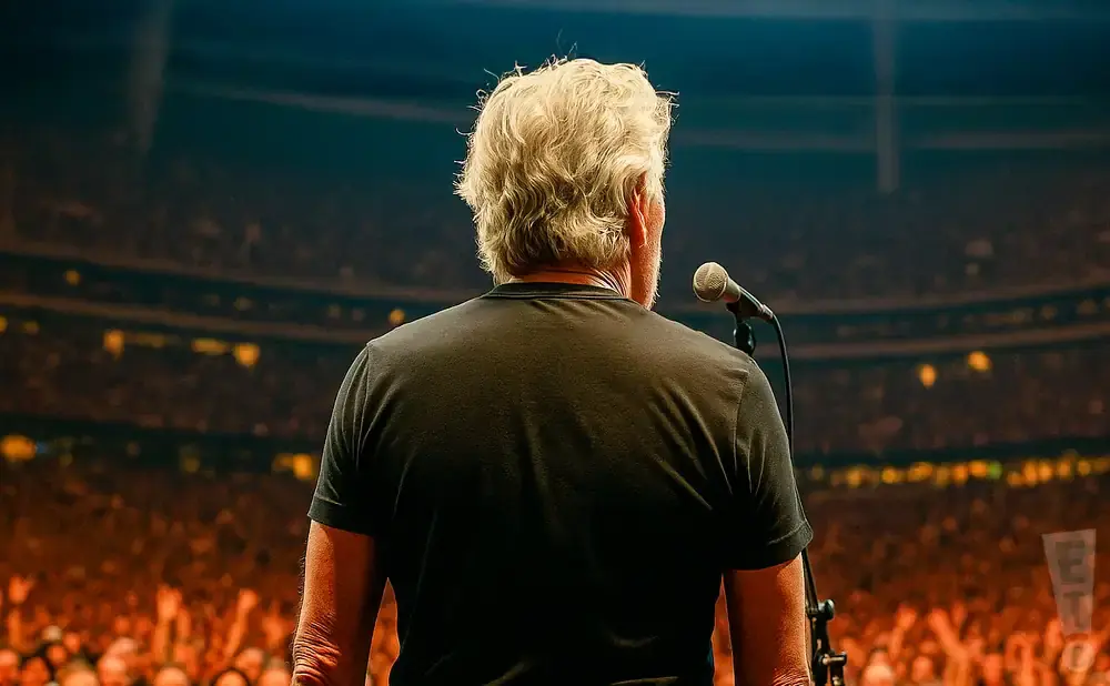 Rear view of a man with blond hair speaking into a microphone on a stage in front of a cheering crowd.
