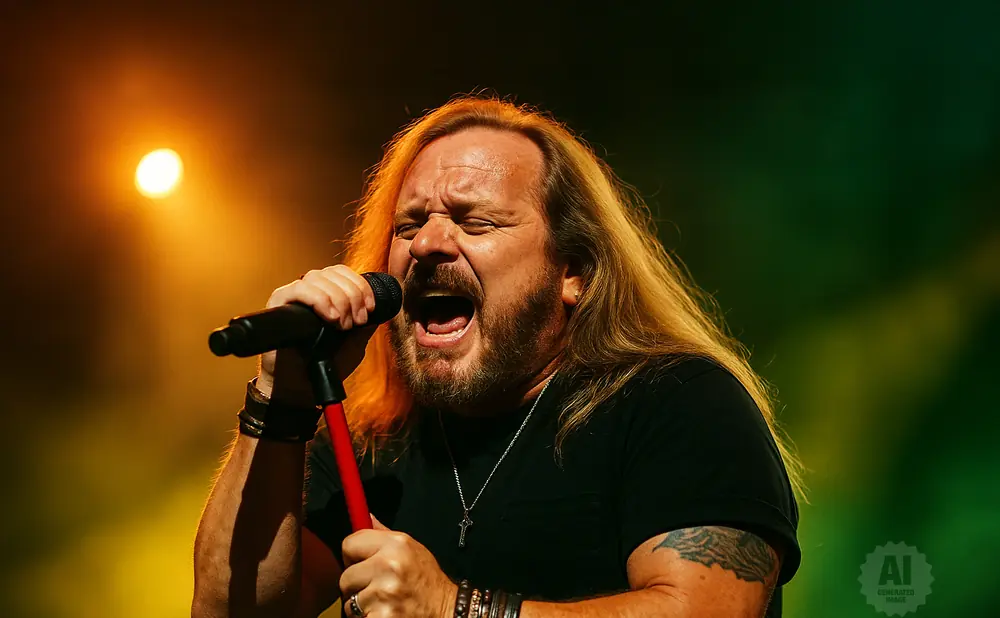 A male singer with long blonde hair and a beard sings into a microphone on a stage with orange and green lighting.