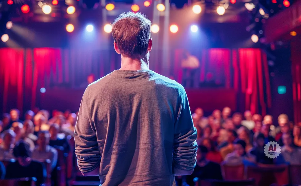 Man in gray shirt on stage, facing away from the camera, addresses a seated audience under colorful stage lights.