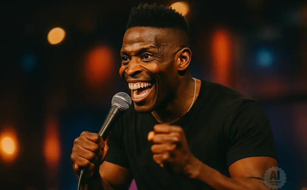 A Black man with a short, spiky haircut laughs while holding a microphone and clenching his fists.