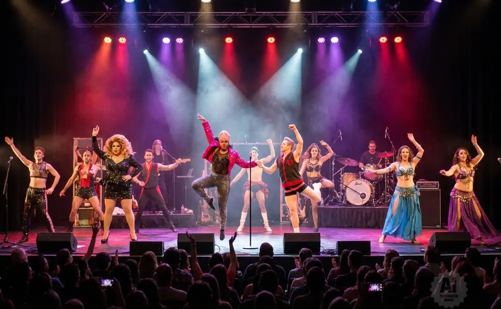 A drag queen and dancers perform on stage with a band in the background, under colorful stage lights.