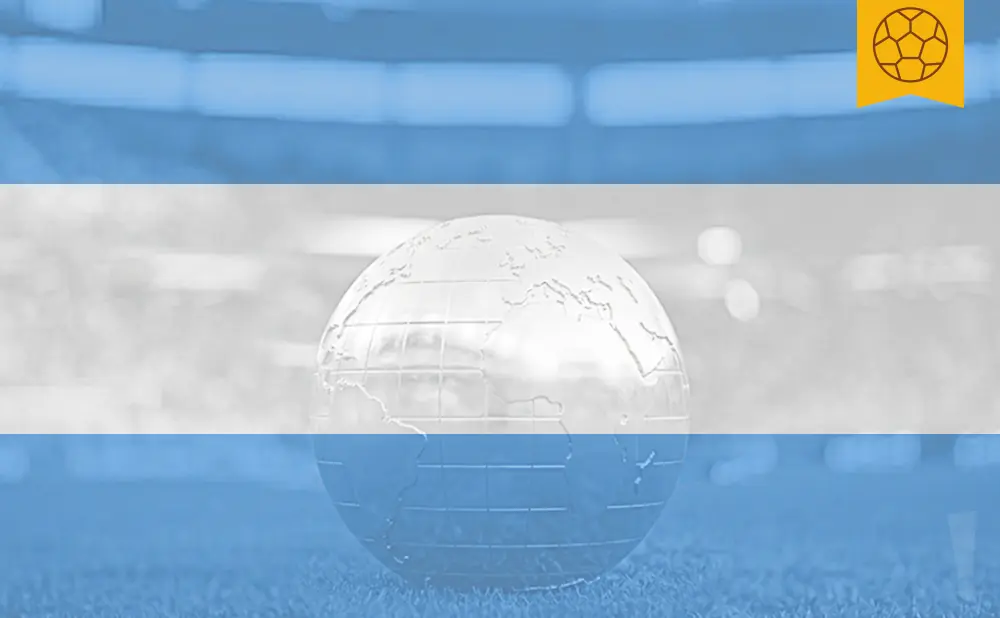 Globe with Argentina's flag colors, a soccer ball icon in the upper right.