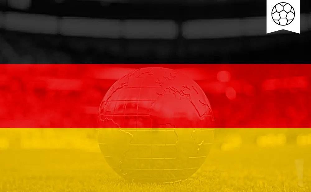 A globe overlaid with the German flag on a grassy field, with a soccer ball icon in the top right.