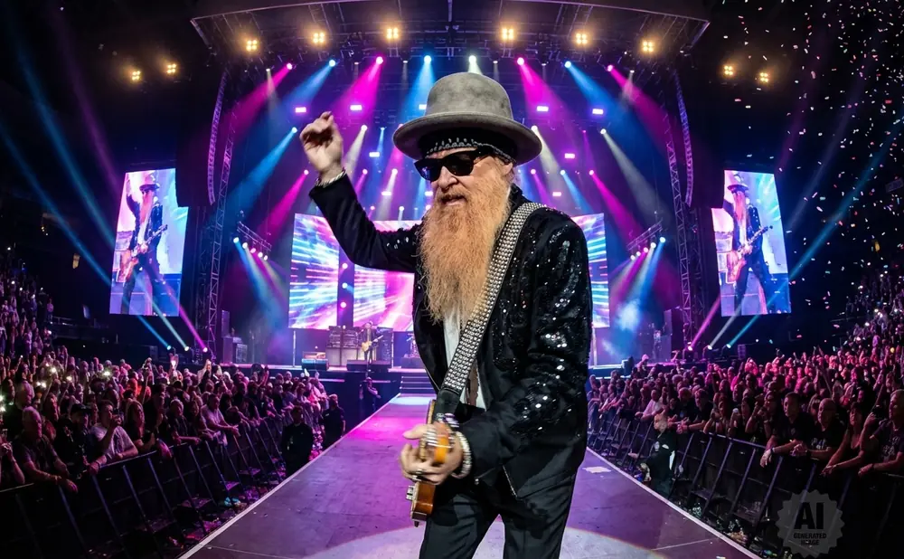 A rock guitarist with a long beard and hat performs on stage with a large crowd and colorful lights.