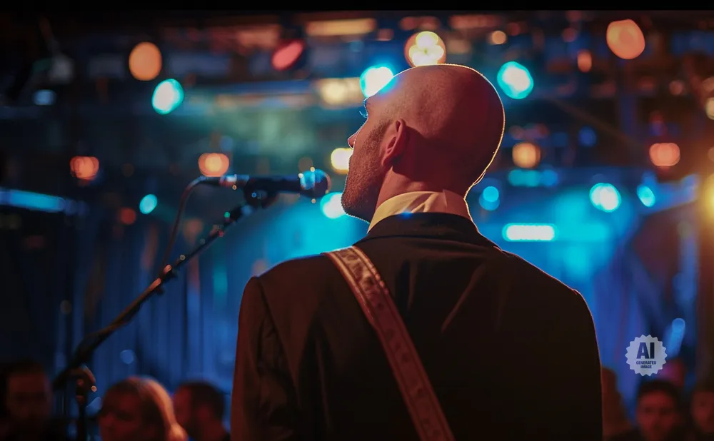 A man in a suit facing away from the camera on a dimly lit stage with colorful lights in the background.