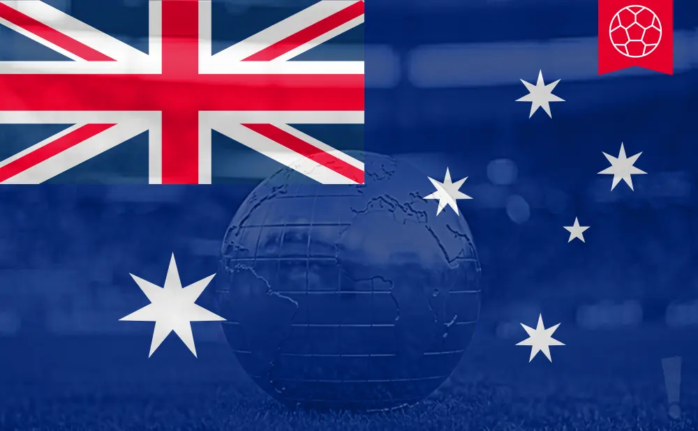 A globe and the Australian flag are superimposed over a blurred background of a soccer stadium.