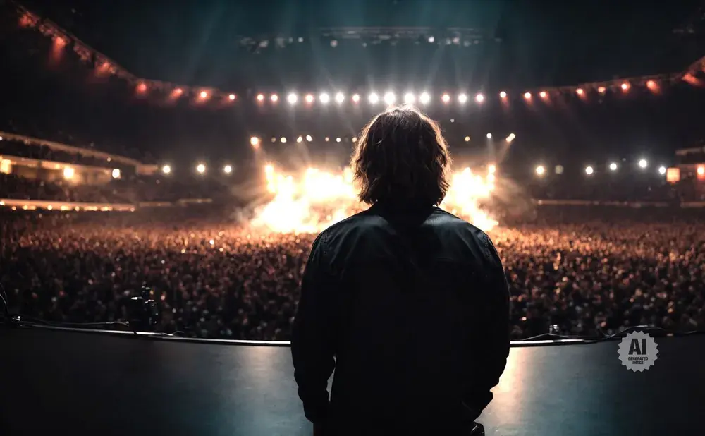 A performer stands on stage facing a large, cheering crowd at a concert.