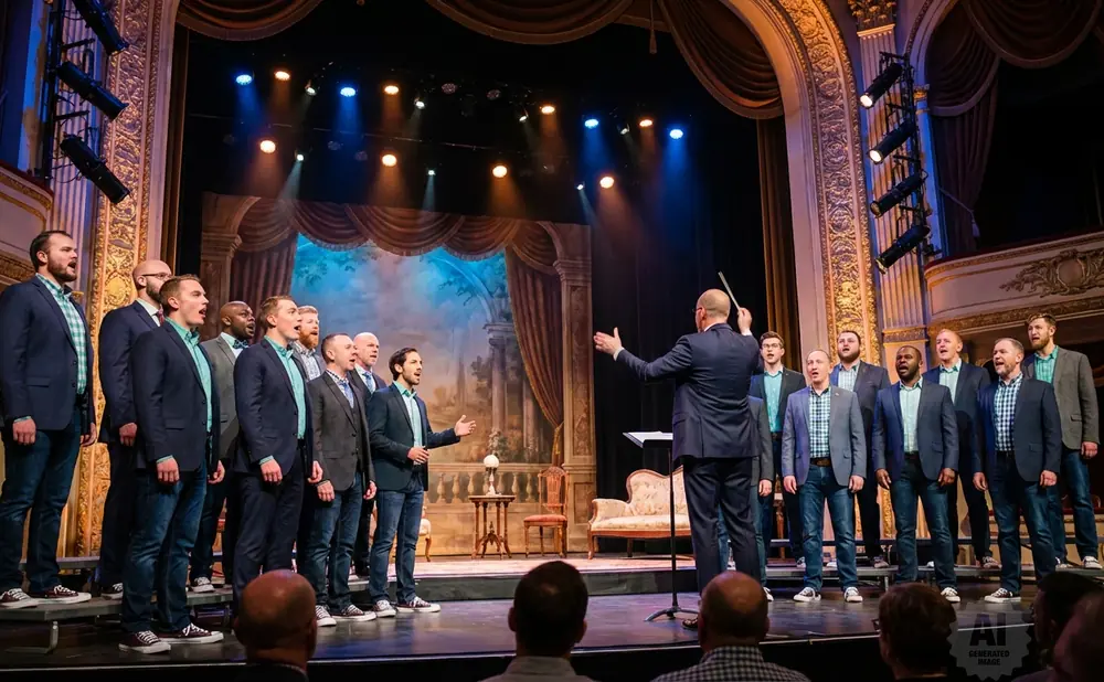 A choir of men in suits sings on stage, directed by a conductor with a baton.