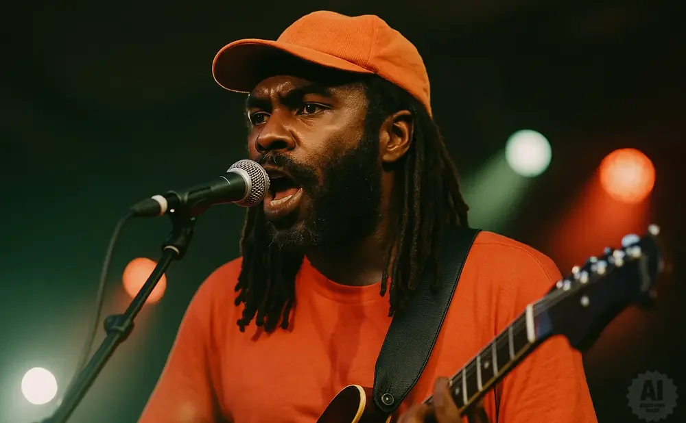 A Black man with dreadlocks and an orange baseball cap sings into a microphone while playing a guitar.