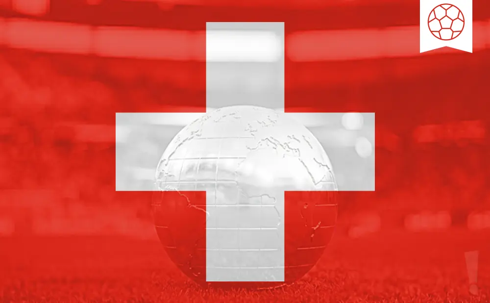 Swiss flag with a globe and soccer ball icon.