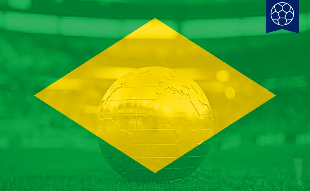 A globe on a soccer field, superimposed on the Brazilian flag.