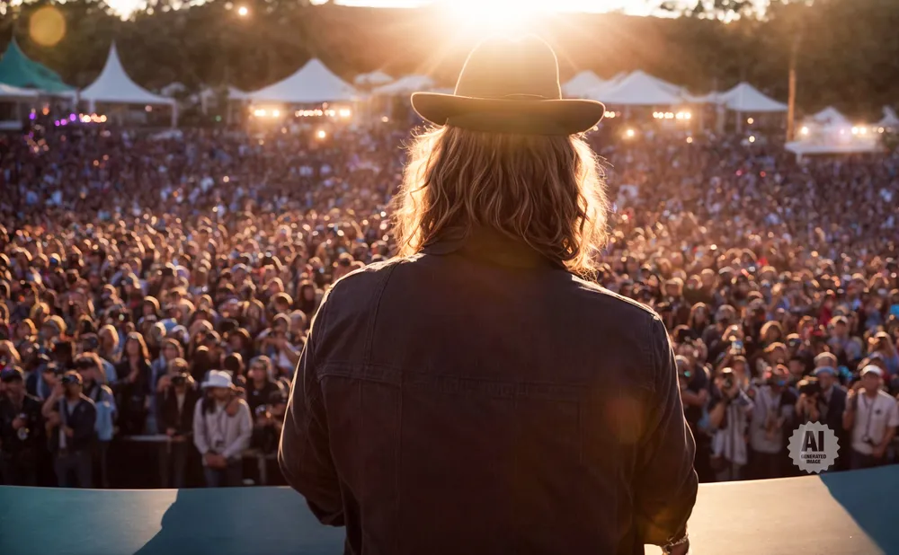 A person in a hat faces a large crowd at an outdoor concert.
