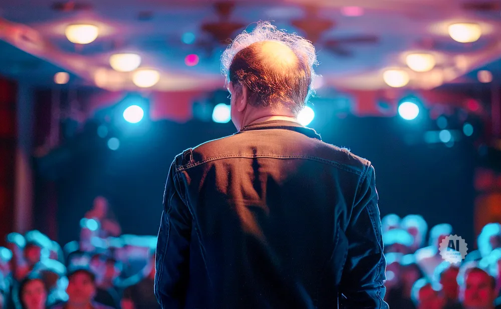A man stands on a stage with his back to the camera, facing a blurred audience under colorful stage lights.