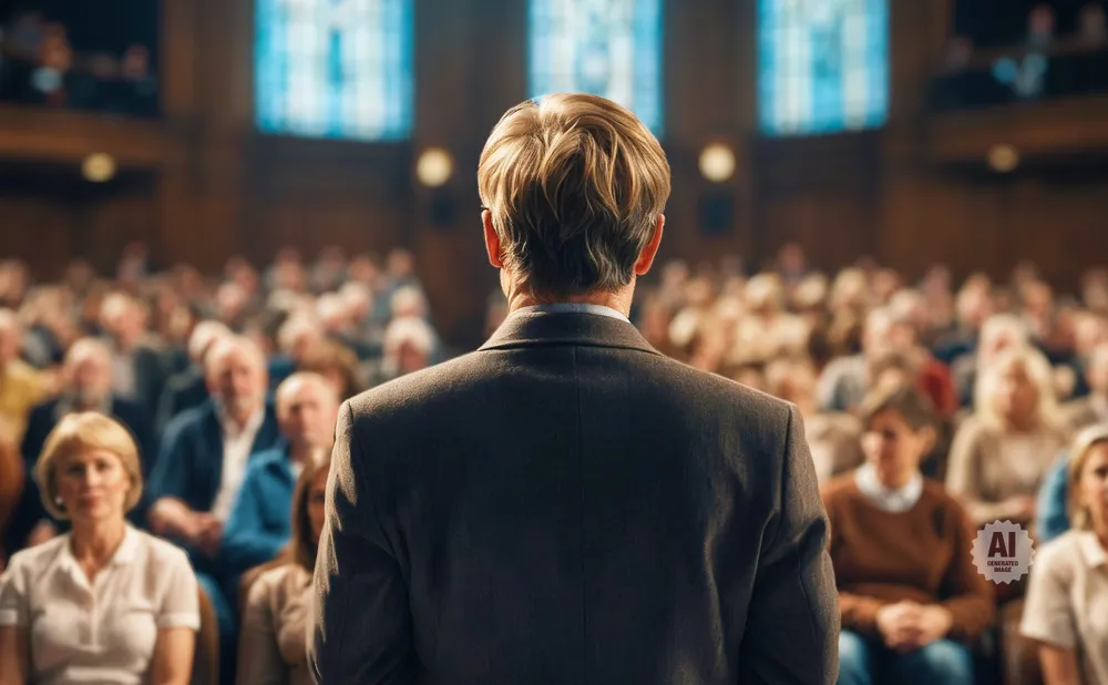 Man in suit facing a large, blurred audience in a dimly lit hall with stained-glass windows.