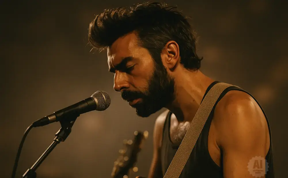 A man with a beard sings into a microphone while playing a guitar.