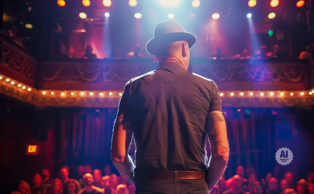 Man in a hat on stage facing away from the camera, with audience and lights in the background.