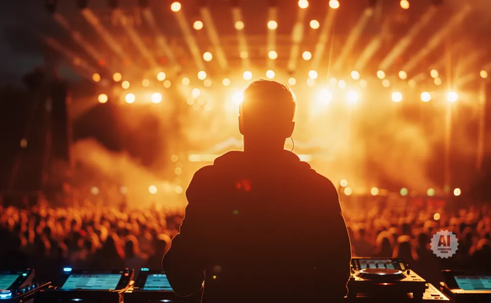 Silhouette of a DJ at a console, facing a crowd and a stage illuminated by bright orange lights.