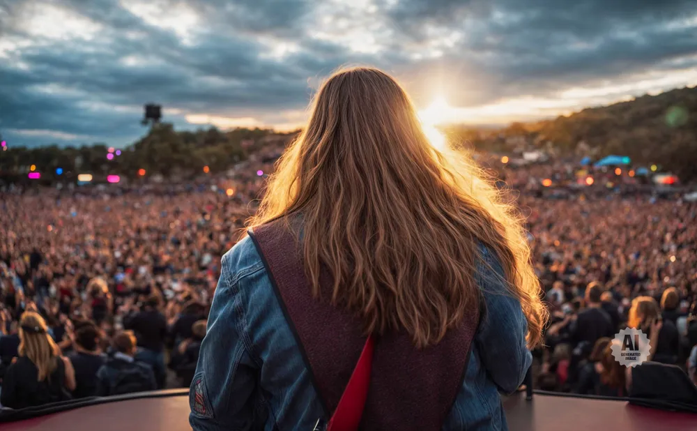 Back view of a person with long, wavy hair and denim jacket, facing a large, blurred crowd at a concert during sunset.