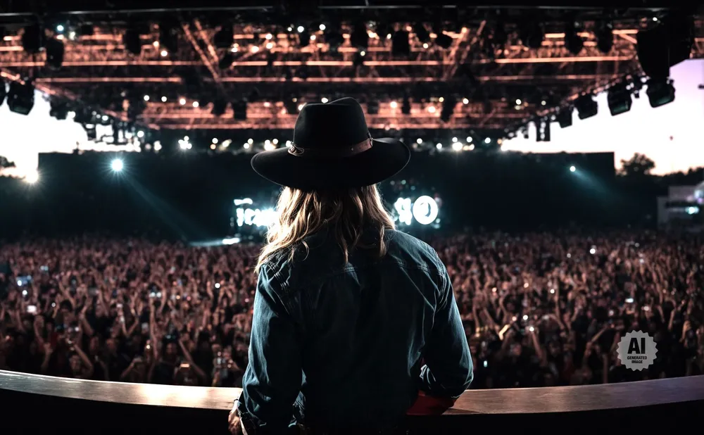 A person in a cowboy hat faces a large, cheering crowd at an outdoor concert.