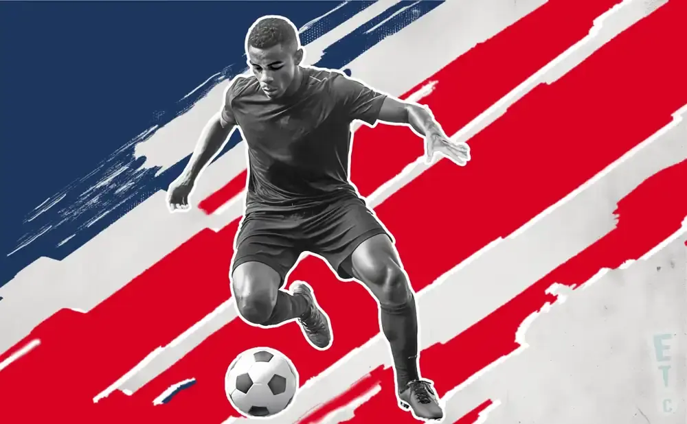 A soccer player dribbles a ball against a backdrop of red, white, and blue brush strokes.