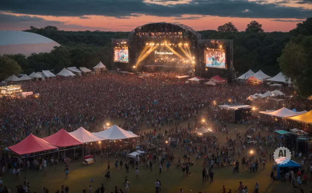 An aerial view of a large outdoor concert at dusk with a massive crowd gathered around a brightly lit stage.